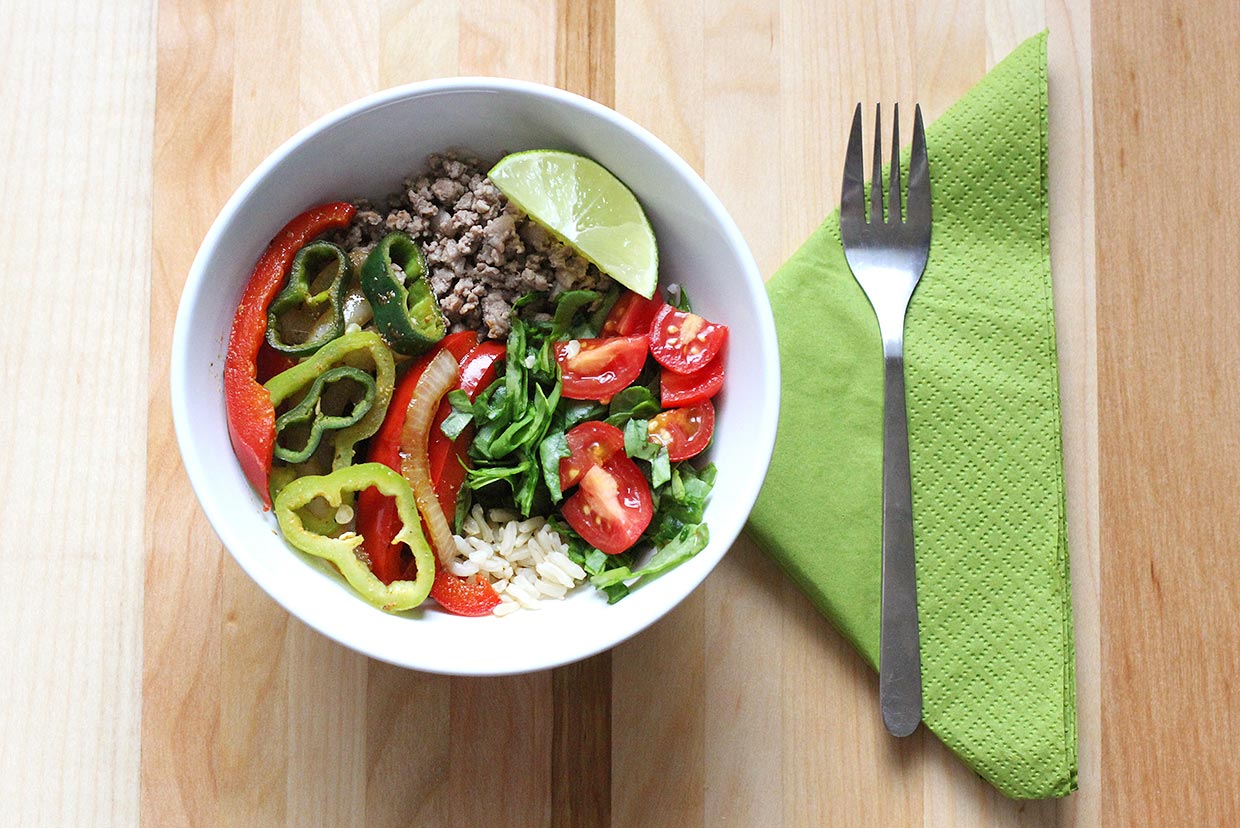 Fajita Bowls with Beef and Brown Rice Recipe MyFoodDiary