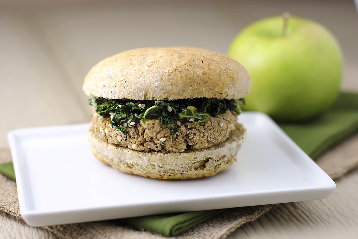 Blackeyed Pea and Sesame Burgers with Sweet Soy Kale Recipe MyFoodDiary