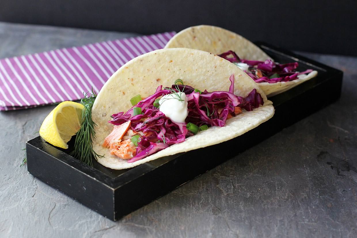 Salmon Tacos with Red Cabbage Dill Slaw Recipe MyFoodDiary