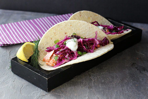 Salmon tacos with red cabbage dill slaw