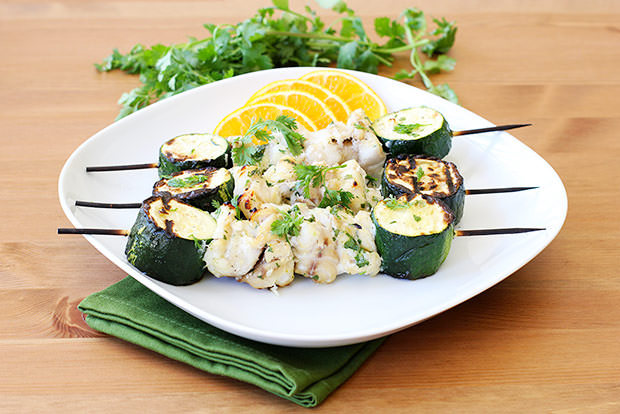 Grilled Cilantro Orange Fish Kebabs with Summer Squash Recipe