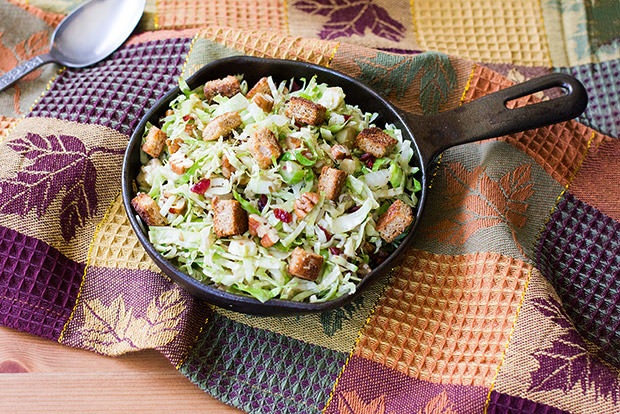 Warm Shredded Brussels Sprouts Salad with Garlic Parmesan Croutons Recipe